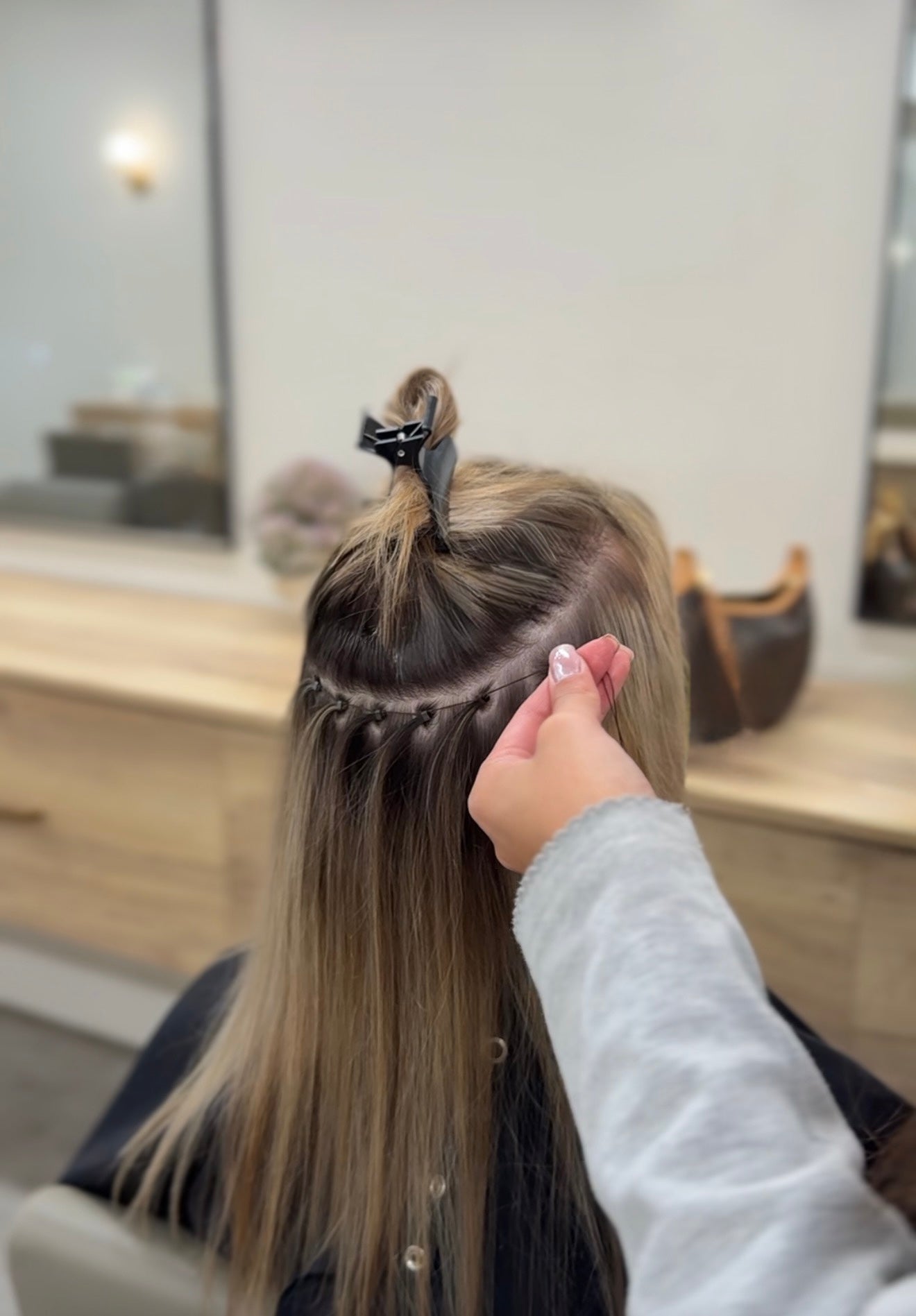 Natural Beaded Row hair extensions application at Kinsley and Mane salon in Alamo CA